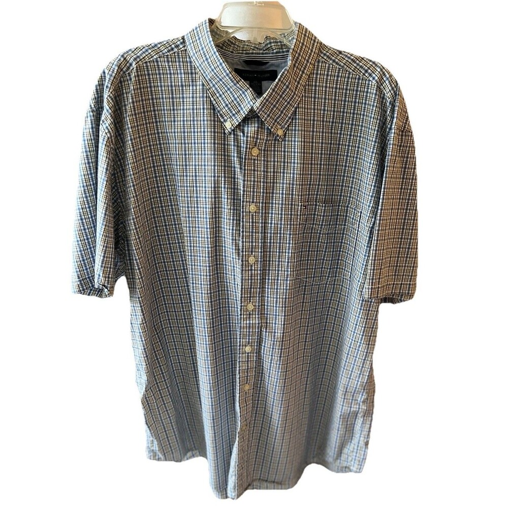 Tommy Hilfiger Shirt Mens XXL Yellow Blue Plaid Short Sleeve Button Down